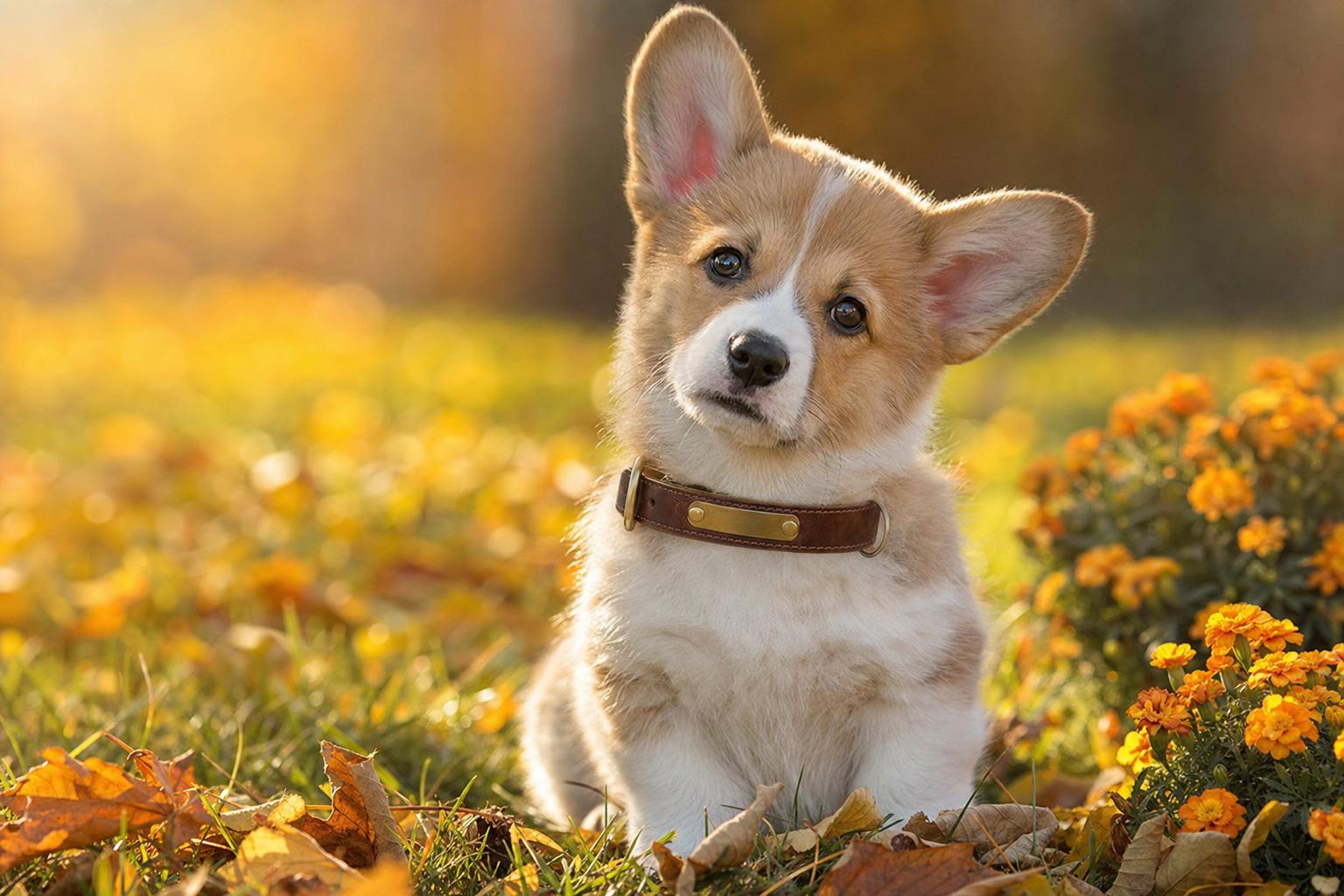 Corgi puppy wearing a Waggerly leather collar