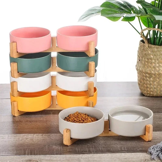Ceramic Bowl Set with Wood Stand