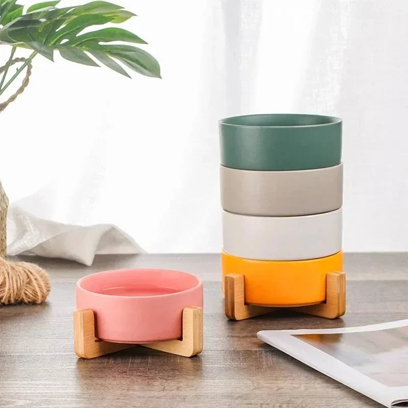 Ceramic Bowl Set with Wood Stand