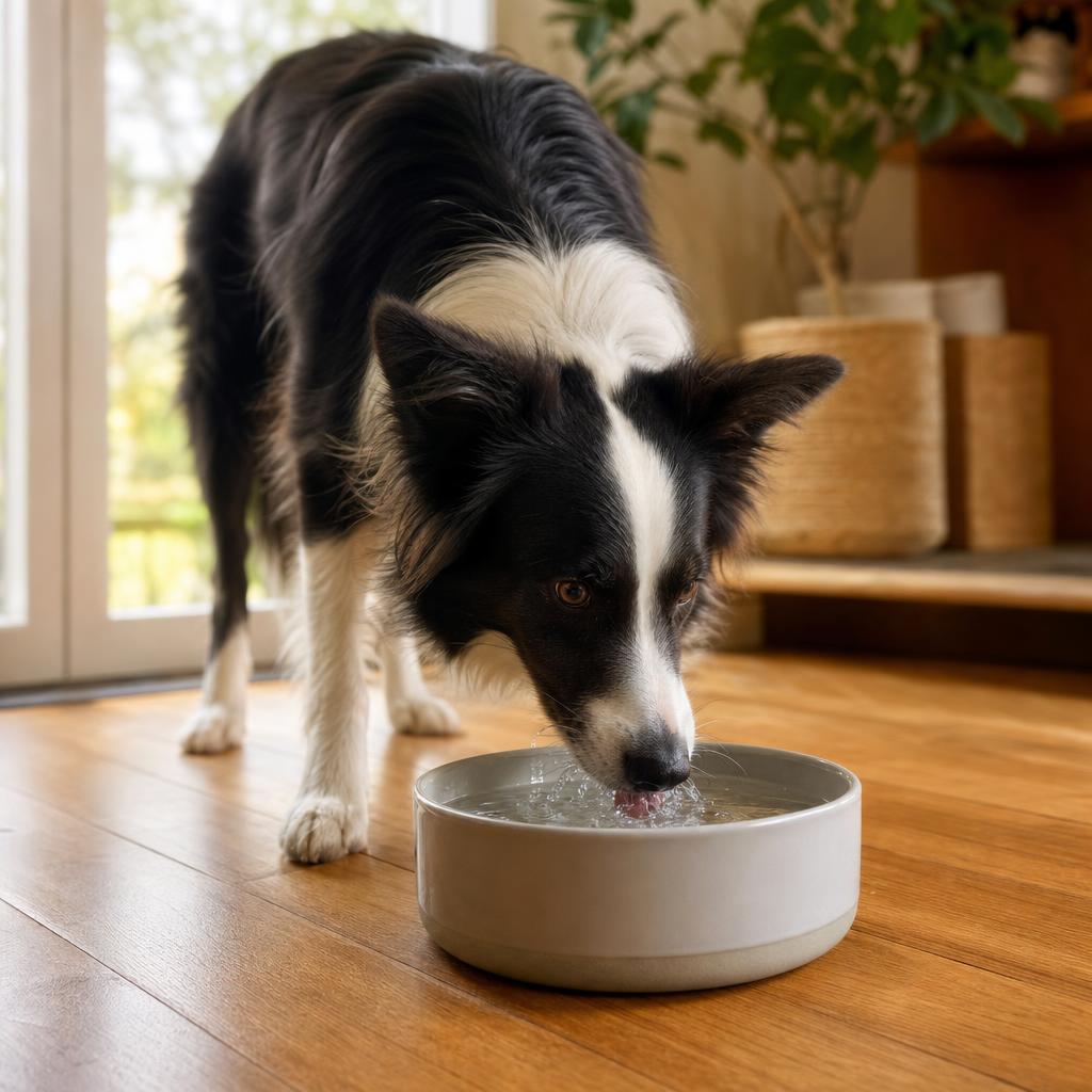 Border Collie drinking water from a Waggerly ceramic bowl