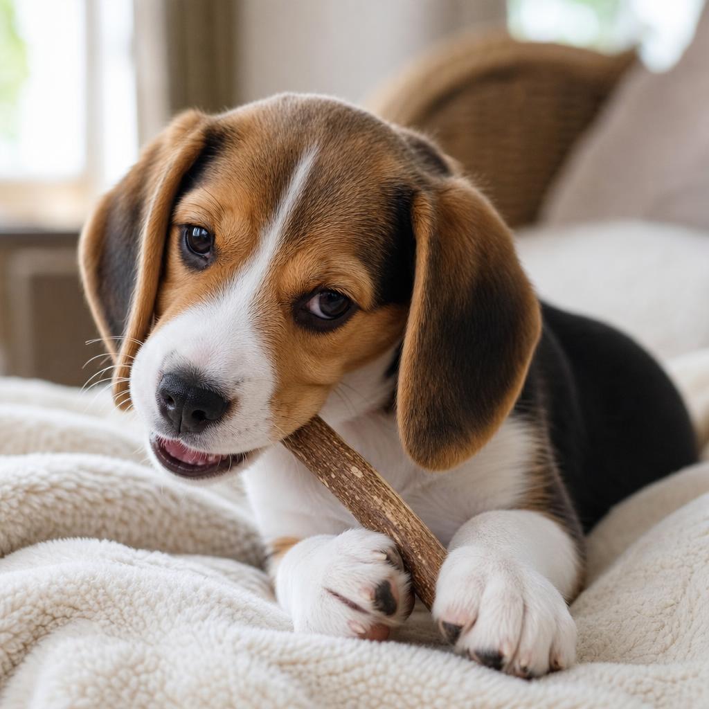 Beagle puppy chewing a Waggerly wood chew stick